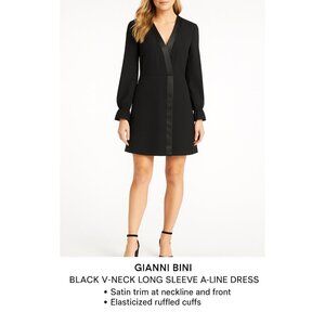Gianni Bini Black Satin Trim V-Neck Long Sleeve Mini Dress M Party Cocktail